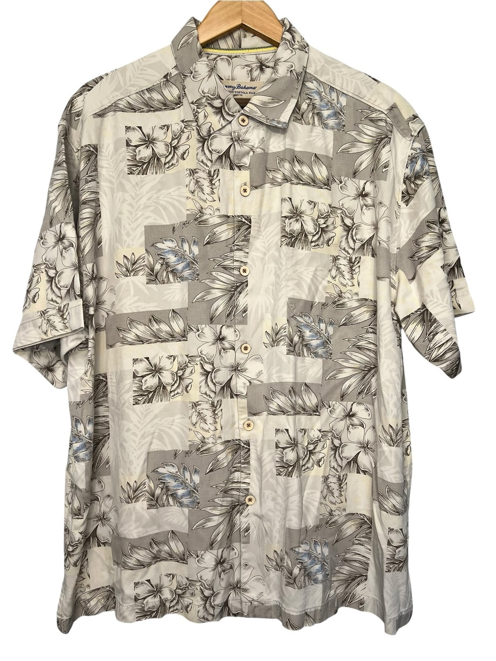 Tommy Bahama Silk Cream and Gray Tropical Print Button-Up Shirt Floral XL